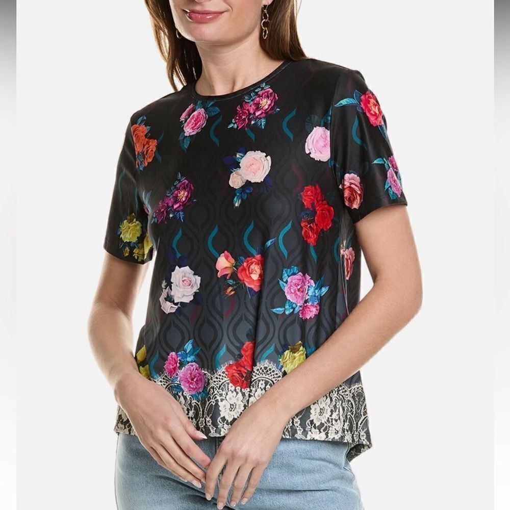 Johnny Was XS Black Red Lace Floral Rose Cross Back Active Short Sleeve Tee